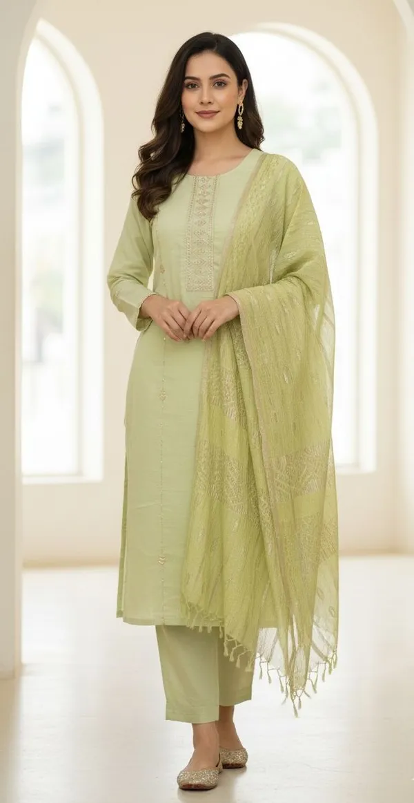 Light_Green_Geometric_Print_Kurta_Trouser/Pant_&_Dupatta_Set_For_Women