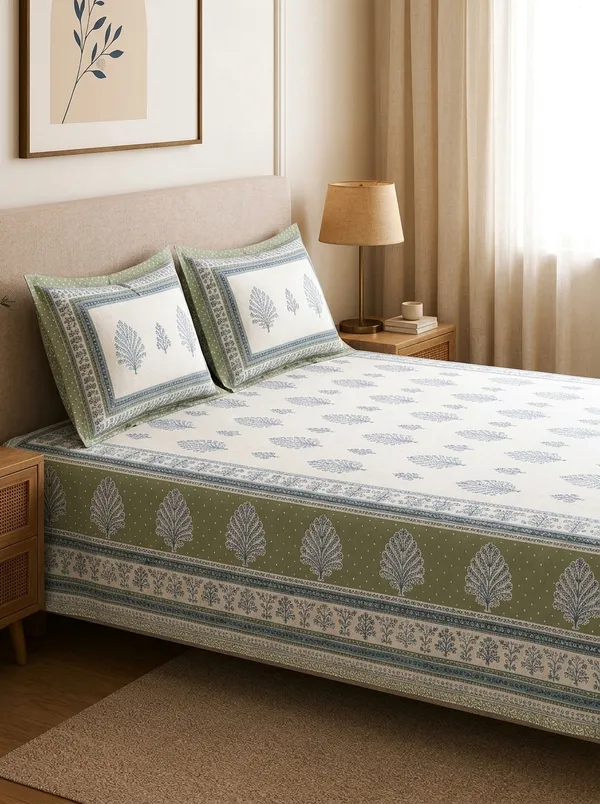 Green_White_Premium_Pure_Cotton_King_Size_Double_Bed_Bedsheet