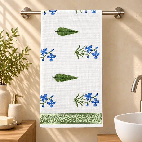 BLUE_&_GREEN_HANDBLOCK_PRINTED_PURE_COTTON_WAFFLE_TOWEL