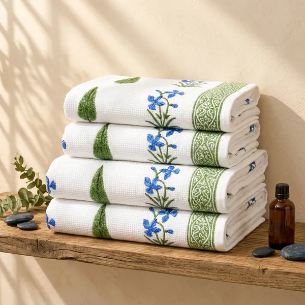 BLUE_&_GREEN_HANDBLOCK_PRINTED_PURE_COTTON_WAFFLE_TOWEL