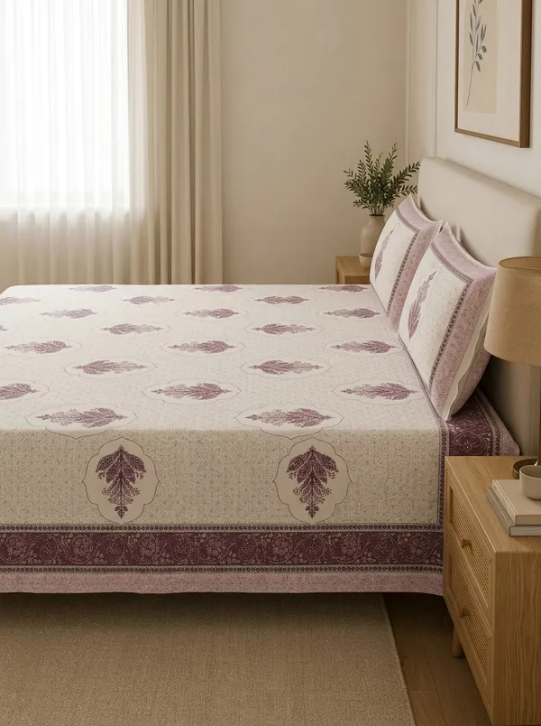 Cream_&_Mauve_Premium_Pure_Cotton_King_Size_Double_Bed_Bedsheet