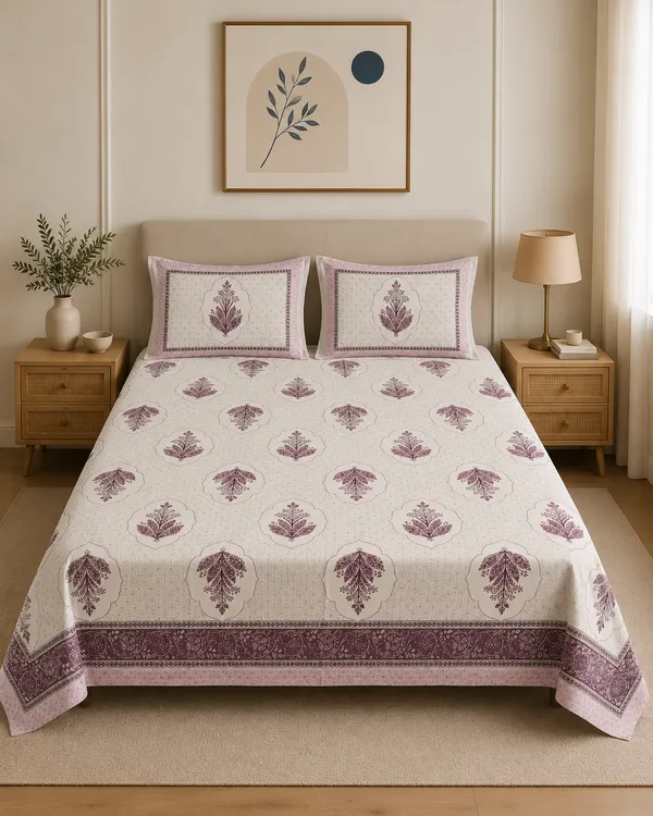 Cream_&_Mauve_Premium_Pure_Cotton_King_Size_Double_Bed_Bedsheet