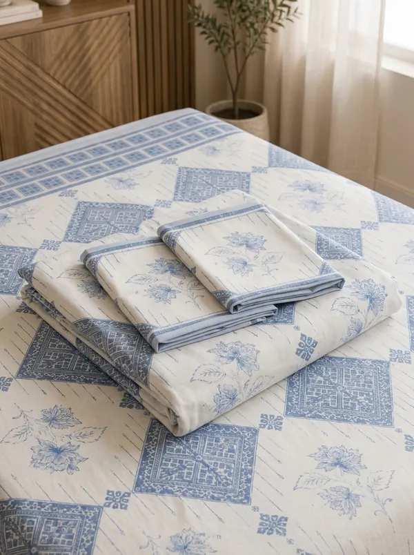 White_&_Dusty_Blue_Premium_Pure_Cotton_Queen_Size_Double_Bed_Bedsheet