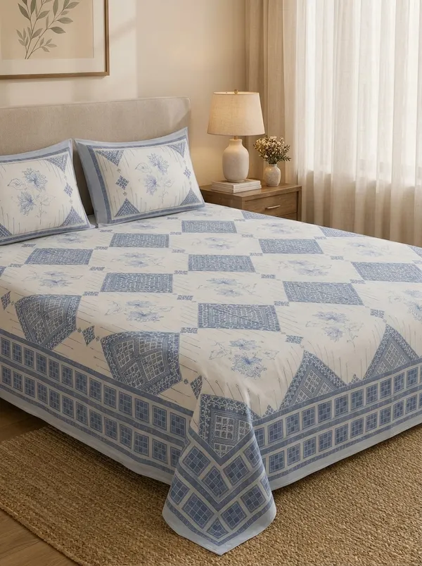 White_&_Dusty_Blue_Premium_Pure_Cotton_Queen_Size_Double_Bed_Bedsheet