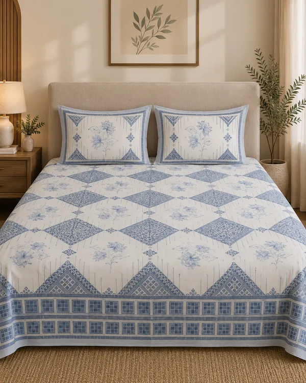 White_&_Dusty_Blue_Premium_Pure_Cotton_Queen_Size_Double_Bed_Bedsheet