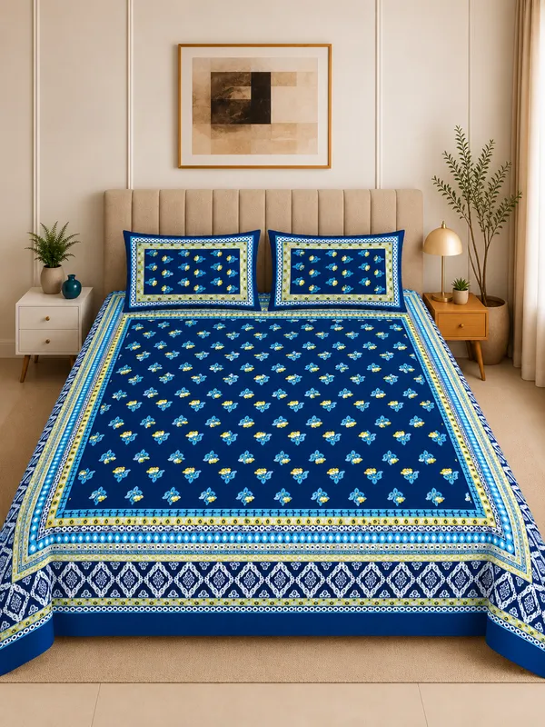 Indigo_&_Yellow_100%_Pure_Cotton_King_Size_Double_Bed_Bedsheet