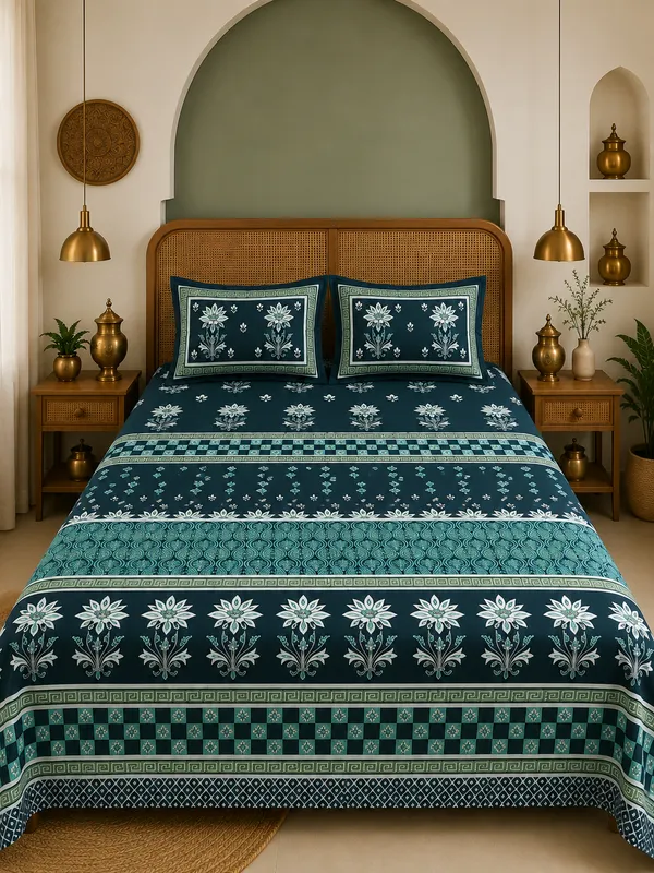 Midnight_Teal_Royale_100%_Pure_Cotton_King_Size_Double_Bed_Bedsheet_