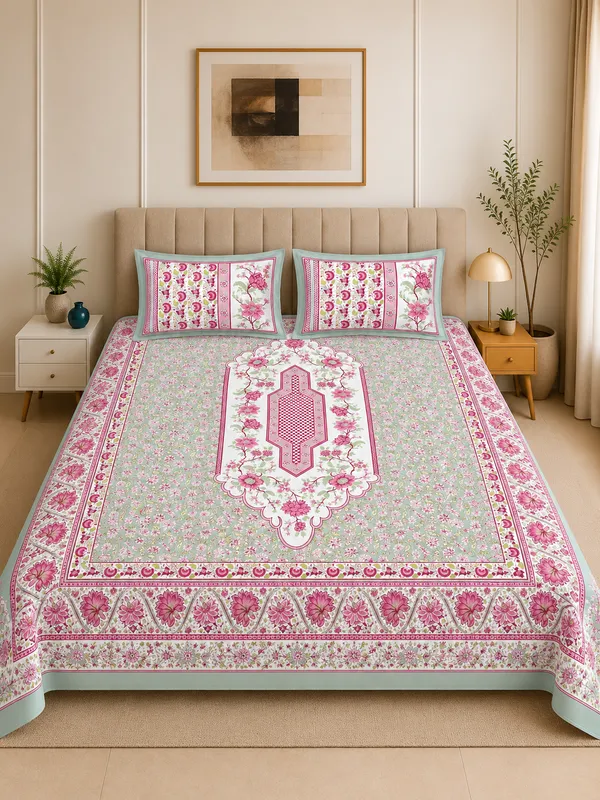 Mint_Floral_100%_Pure_Cotton_King_Size_Double_Bed_Bedsheet_