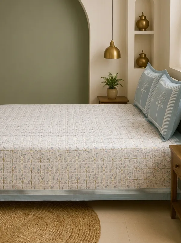 Mist_Blue_Ivory_Weave_100%_Pure_Cotton_King_Size_Double_Bed_Bedsheet_