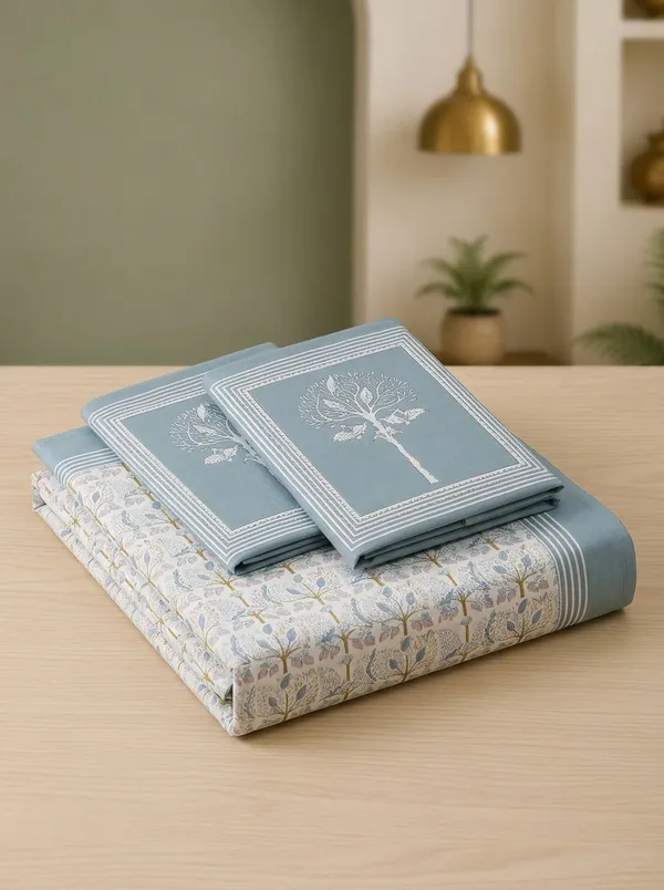 Mist_Blue_Ivory_Weave_100%_Pure_Cotton_King_Size_Double_Bed_Bedsheet_
