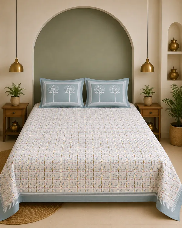 Mist_Blue_Ivory_Weave_100%_Pure_Cotton_King_Size_Double_Bed_Bedsheet_