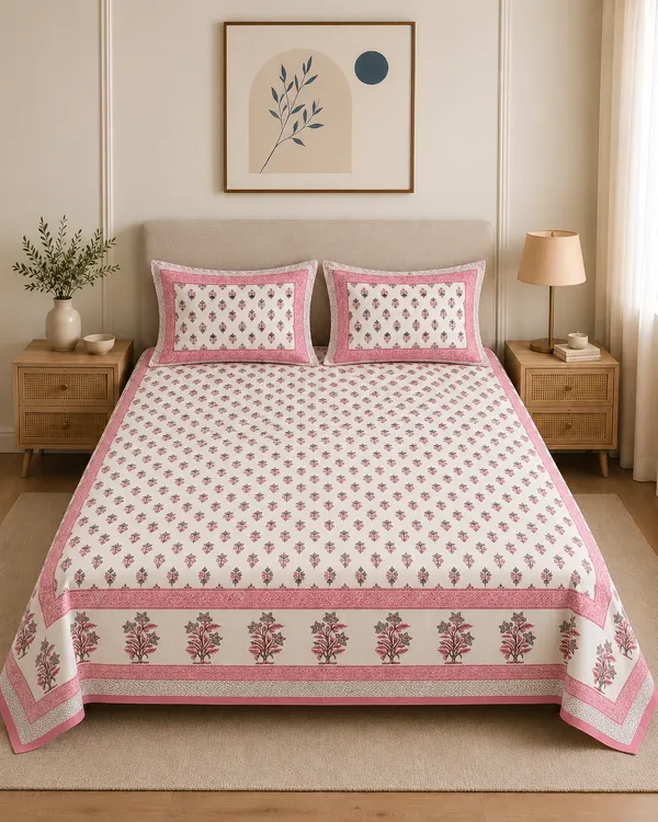 White_&_Pink_Premium_Pure_Cotton_King_Size_Double_Bed_Bedsheet