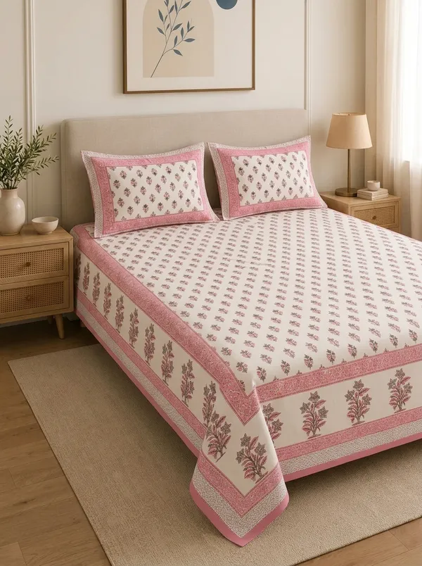 White_&_Pink_Premium_Pure_Cotton_King_Size_Double_Bed_Bedsheet