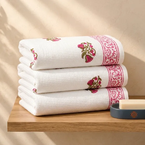 PINK_HANDBLOCK_PRINTED_PURE_COTTON_WAFFLE_TOWEL