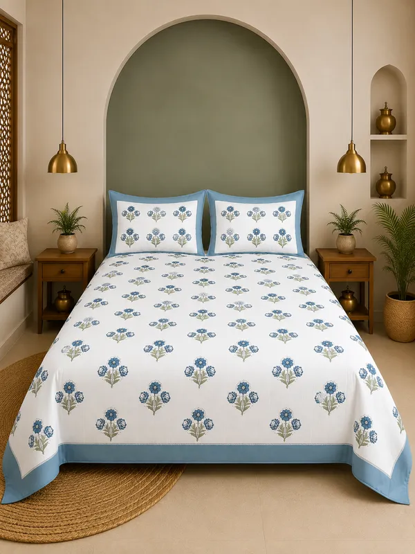 Powder_Blue_Blossom_100%_Pure_Cotton_King_Size_Double_Bed_Bedsheet_