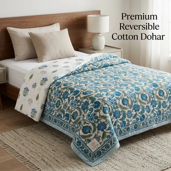 BLUE_FLORAL_REVERSABLE_PURE_COTTON_SINGLE_BED_DOHAR