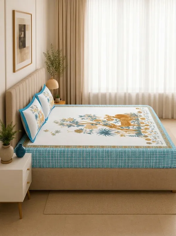 Turquoise_Gold_Meadow_Bloom_100%_Pure_Cotton_King_Size_Double_Bed_Bedsheet_