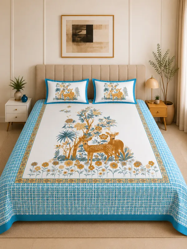 Turquoise_Gold_Meadow_Bloom_100%_Pure_Cotton_King_Size_Double_Bed_Bedsheet_