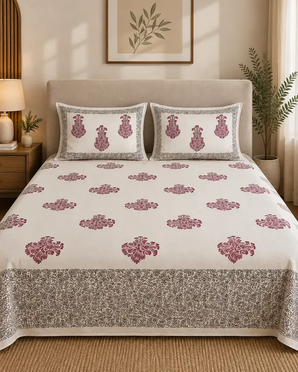 Pink__&_White_Premium_Pure_Cotton_Queen_Size_Double_Bed_Bedsheet