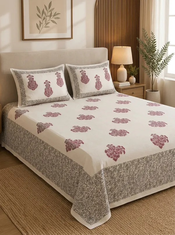 Pink__&_White_Premium_Pure_Cotton_Queen_Size_Double_Bed_Bedsheet