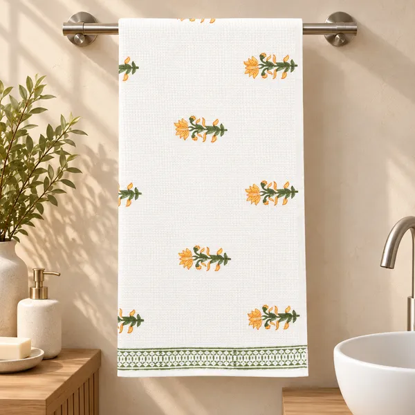YELLOW_HANDBLOCK_PRINTED_PURE_COTTON_WAFFLE_TOWEL