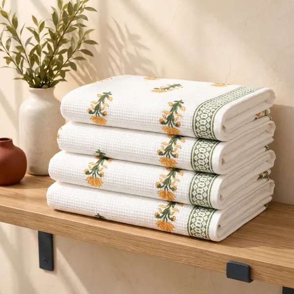YELLOW_HANDBLOCK_PRINTED_PURE_COTTON_WAFFLE_TOWEL