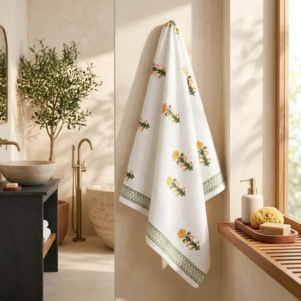 YELLOW_HANDBLOCK_PRINTED_PURE_COTTON_WAFFLE_TOWEL