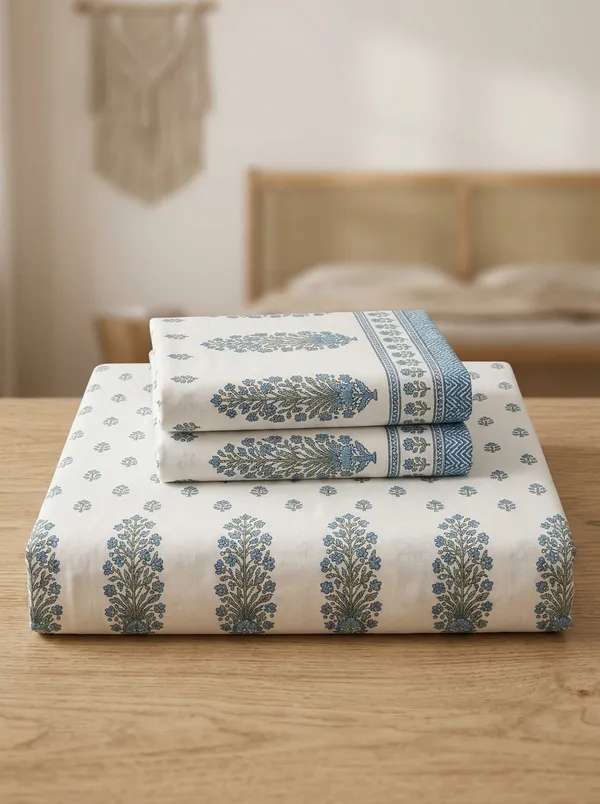 White_Blue_&_Green_Premium_Pure_Cotton_Queen_Size_Double_Bed_Bedsheet