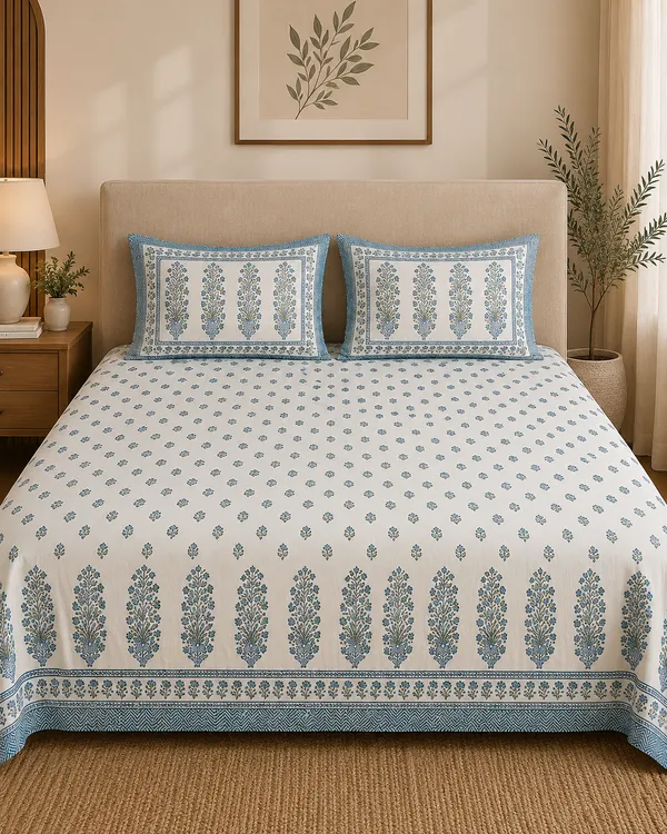 White_Blue_&_Green_Premium_Pure_Cotton_Queen_Size_Double_Bed_Bedsheet