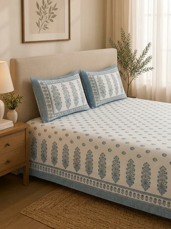 White_Blue_&_Green_Premium_Pure_Cotton_Queen_Size_Double_Bed_Bedsheet