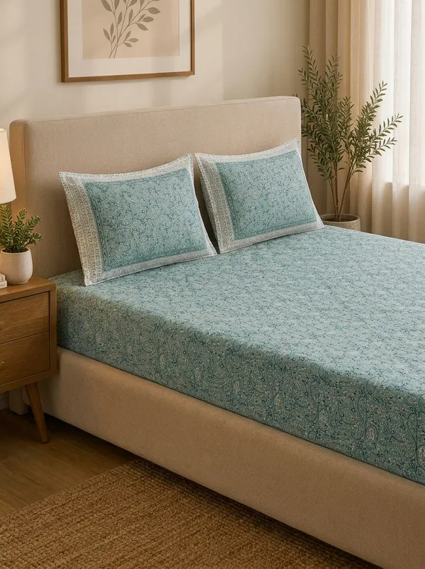 Aqua_Green_Premium_Pure_Cotton_Queen_Size_Double_Bed_Bedsheet