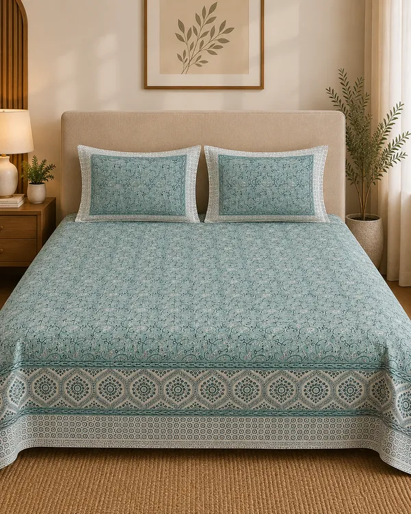 Aqua_Green_Premium_Pure_Cotton_Queen_Size_Double_Bed_Bedsheet
