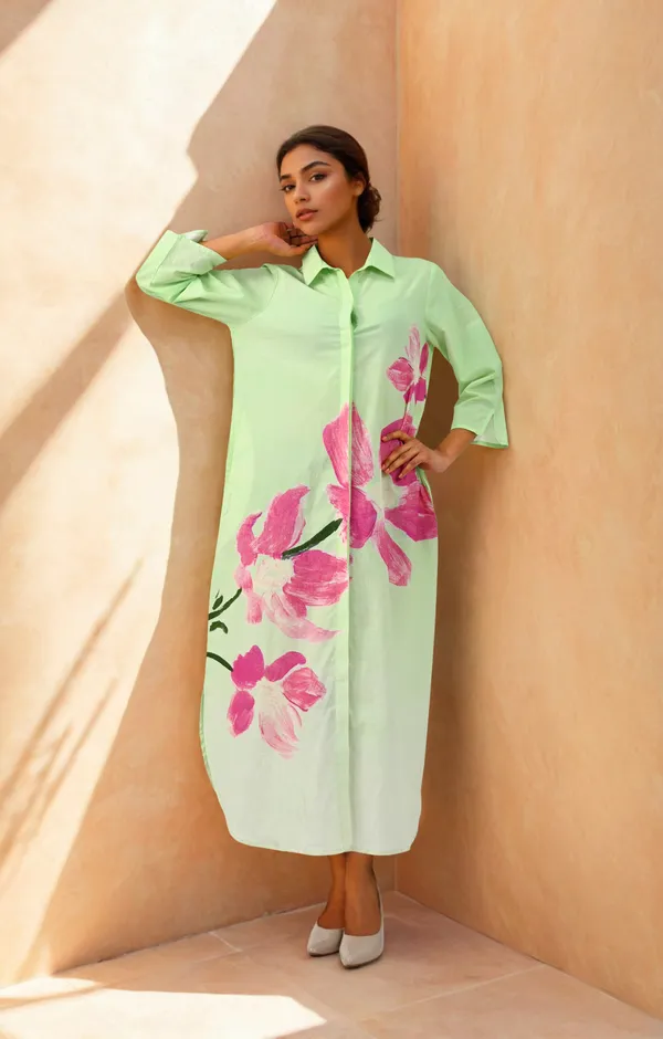 Lime_Green_Bloom_Trail_Shirt_Dress_For_Women