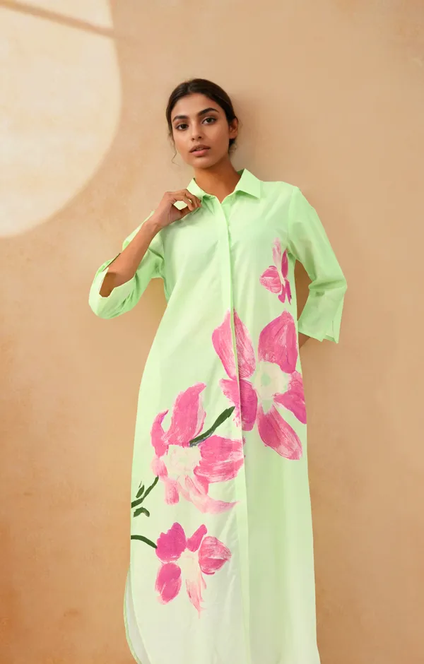 Lime_Green_Bloom_Trail_Shirt_Dress_For_Women