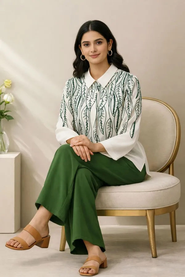 White_&_Mehndi_Stylish_Floral_Printed_Poly_Rayon_Co-Ord_Set_For_Women