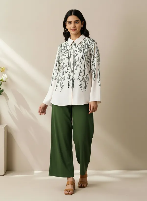 White_&_Mehndi_Stylish_Floral_Printed_Poly_Rayon_Co-Ord_Set_For_Women