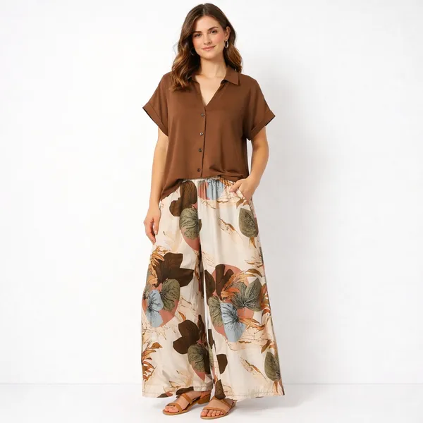 Coffee_Paisley_Printed_Short_Sleeves_Shirt_&_Wide-Leg_Pant_Rayon_Co-Ord_Set_For_Women