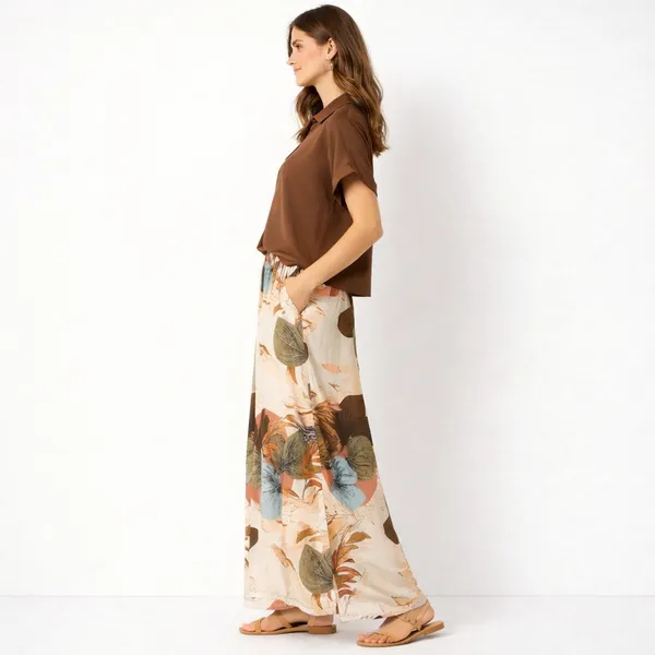 Coffee_Paisley_Printed_Short_Sleeves_Shirt_&_Wide-Leg_Pant_Rayon_Co-Ord_Set_For_Women