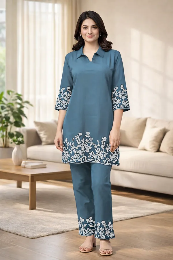 Aadyapi_Women�s_Teal_Blue_Embroidered_Kurta_Pant_Set