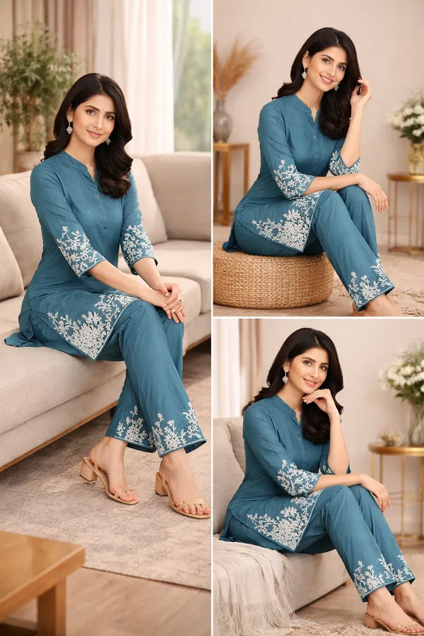Aadyapi_Women�s_Teal_Blue_Embroidered_Kurta_Pant_Set