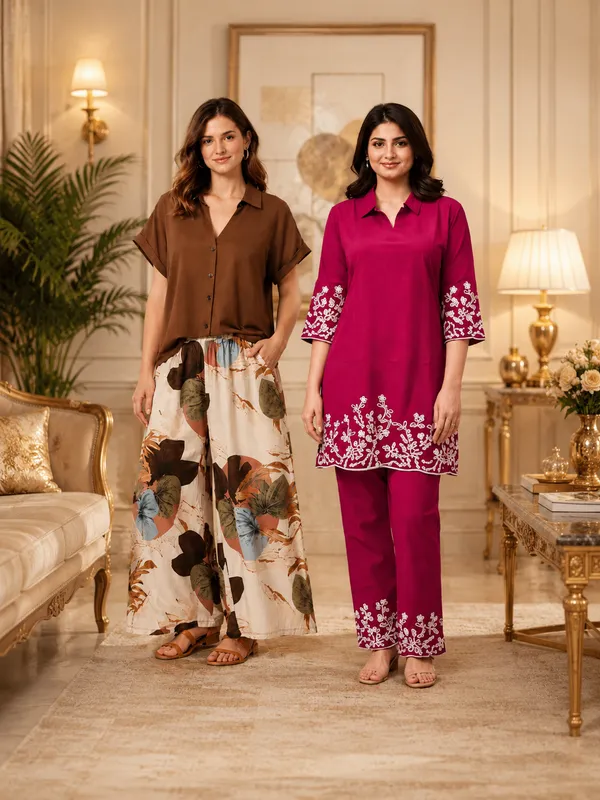 Coffee_Floral_Palazzo_&_Pink_Embroidered_Kurta_Combo