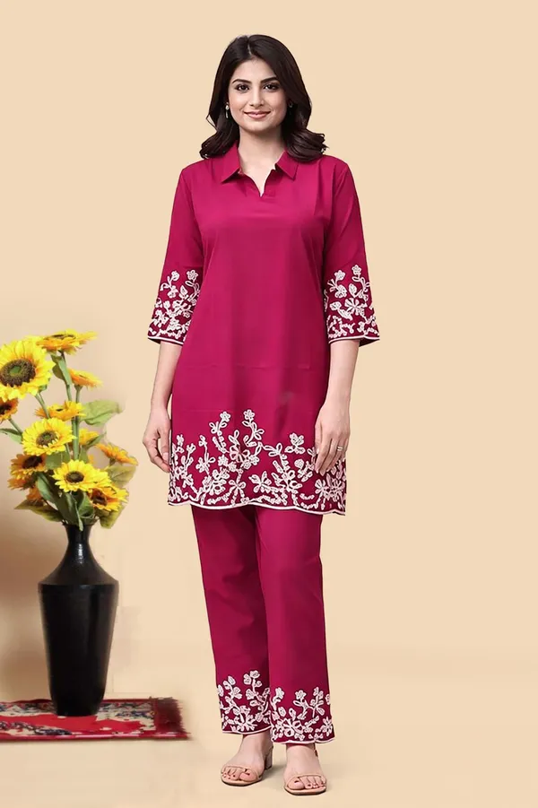 Coffee_Floral_Palazzo_&_Pink_Embroidered_Kurta_Combo