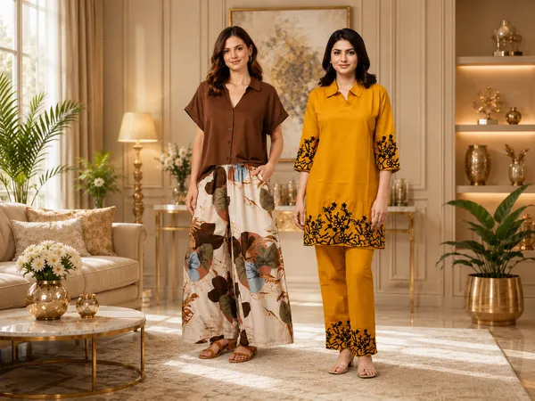 Coffee_Floral_Palazzo_&_Mustard_Embroidered_Kurta_Combo