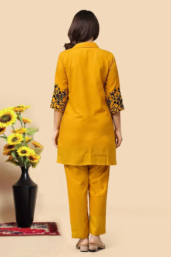 Coffee_Floral_Palazzo_&_Mustard_Embroidered_Kurta_Combo