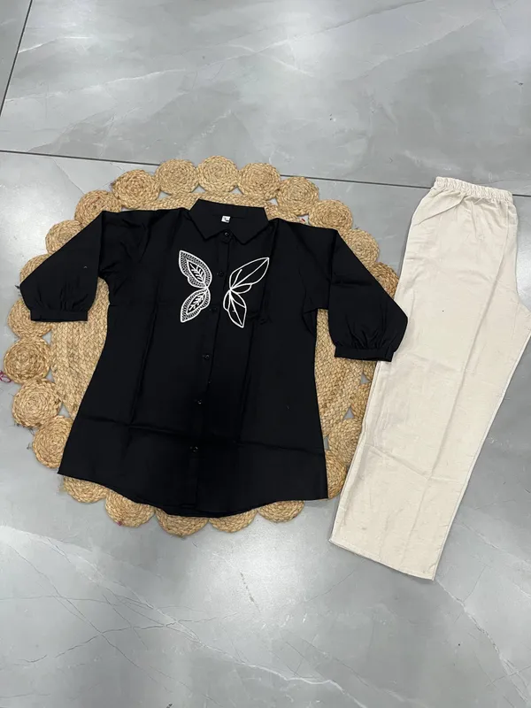 Aadhyapi_Women's_Black_Embroidered_Shirt_with_White_Palazzo_Pants