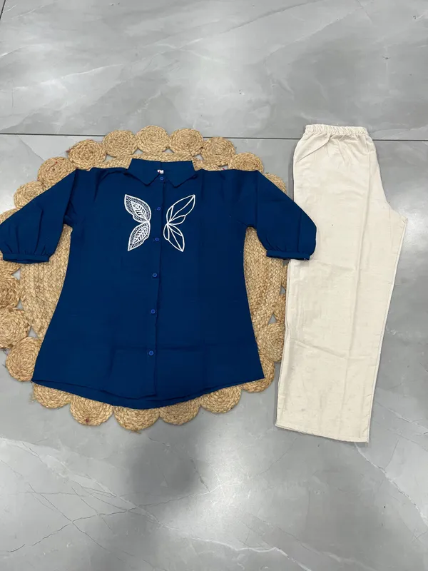 Aadhyapi_Women's_Blue_Embroidered_Shirt_with_White_Palazzo_Pants