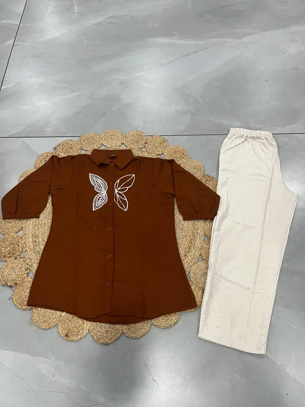 Aadhyapi_Women's_Brown_Embroidered_Shirt_with_White_Palazzo_Pants