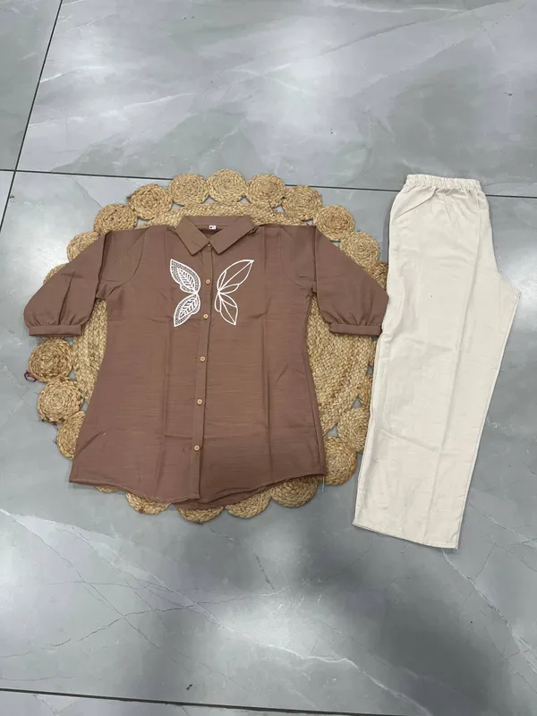Aadhyapi_Women's_Chiku_Embroidered_Shirt_with_White_Palazzo_Pants