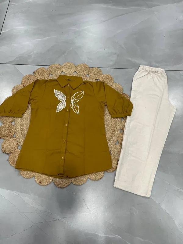 Aadhyapi_Women's_Musterd_Embroidered_Shirt_with_White_Palazzo_Pants