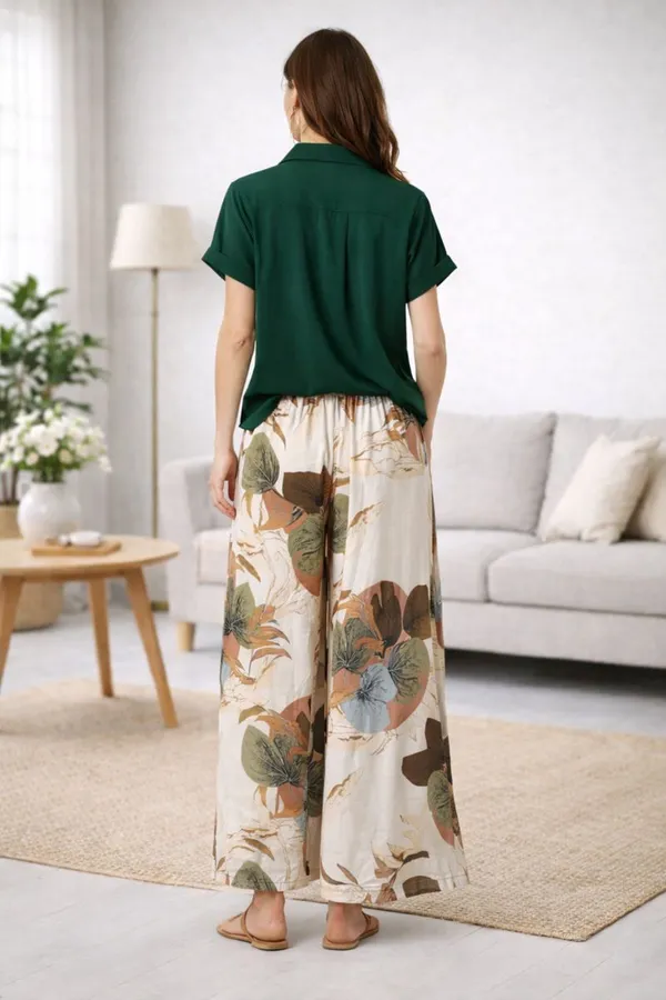 Green_Paisley_Printed_Short_Sleeves_Shirt_&_Wide-Leg_Pant_Rayon_Co-Ord_Set_For_Women